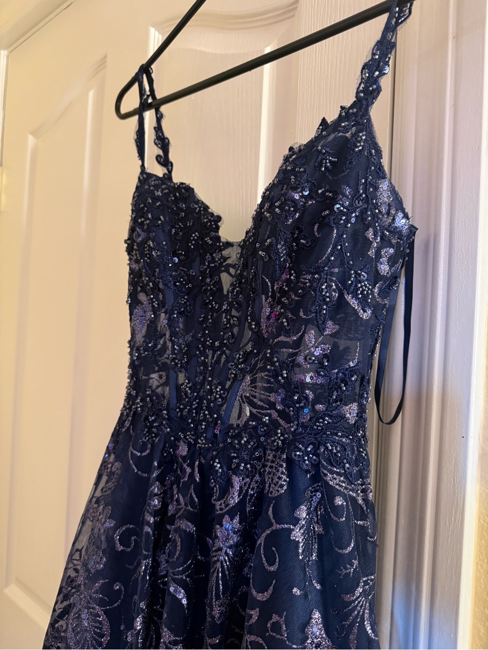 B. Darlin Navy Beaded Evening Dress with Spaghetti Straps